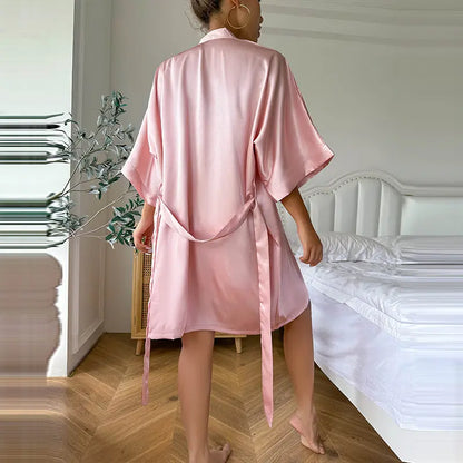 New Ice silk Nightgown Lace up Cardigan Bathrobe Sexy Ladies Pyjamas Two Piece Set