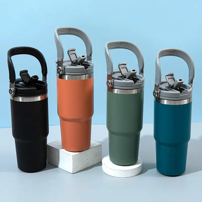 New design double wall SS vacuum insulated water bottle 30 OZ tumbler leak proof outdoor travel mug with handle straw