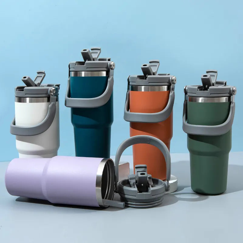 New design double wall SS vacuum insulated water bottle 30 OZ tumbler leak proof outdoor travel mug with handle straw