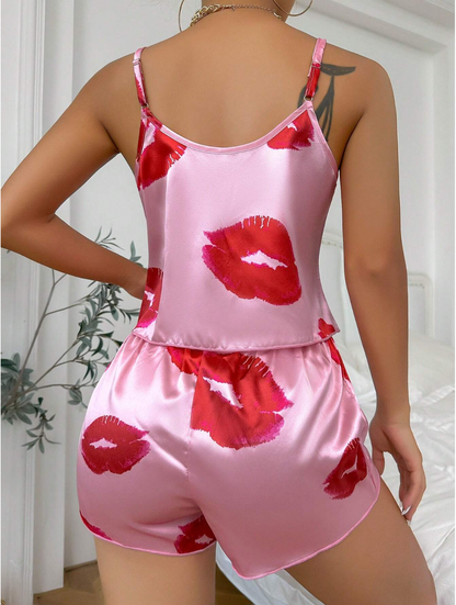 Lip Print Satin Cami Top & Shorts PJ Set / Pajama Set