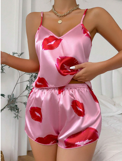 Lip Print Satin Cami Top & Shorts PJ Set / Pajama Set