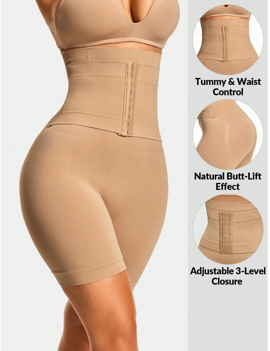 Shape Seamless High Waisted Mid Thigh Short Shapewear Short Body Shaper Butt Lifter With Adjustable Closure-Tummy Waist Control