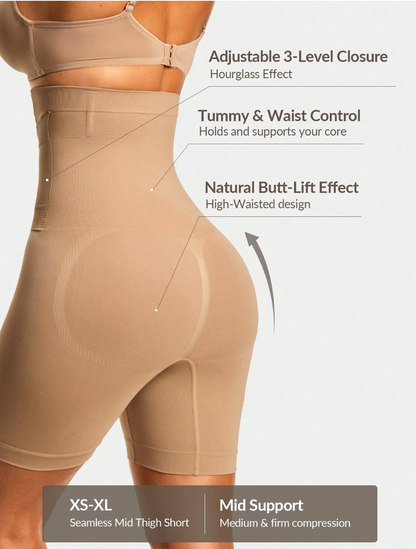 Shape Seamless High Waisted Mid Thigh Short Shapewear Short Body Shaper Butt Lifter With Adjustable Closure-Tummy Waist Control